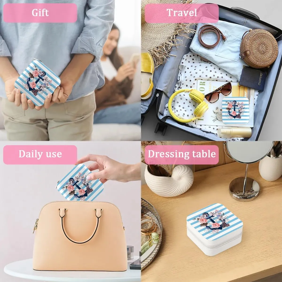 Flowers Anchor Blue Stripes Travel Jewelry Case Organizer, Jewelry Boxes with Mirror, PU Leather Jewelry Storage Holder for Rings Earrings Pendants Necklaces, Gifts for Girls Women