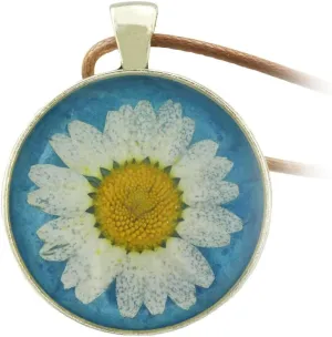 FM FM42 Pressed Dried Daisy Flower on Blue Background Round Pendant Necklace FN2045