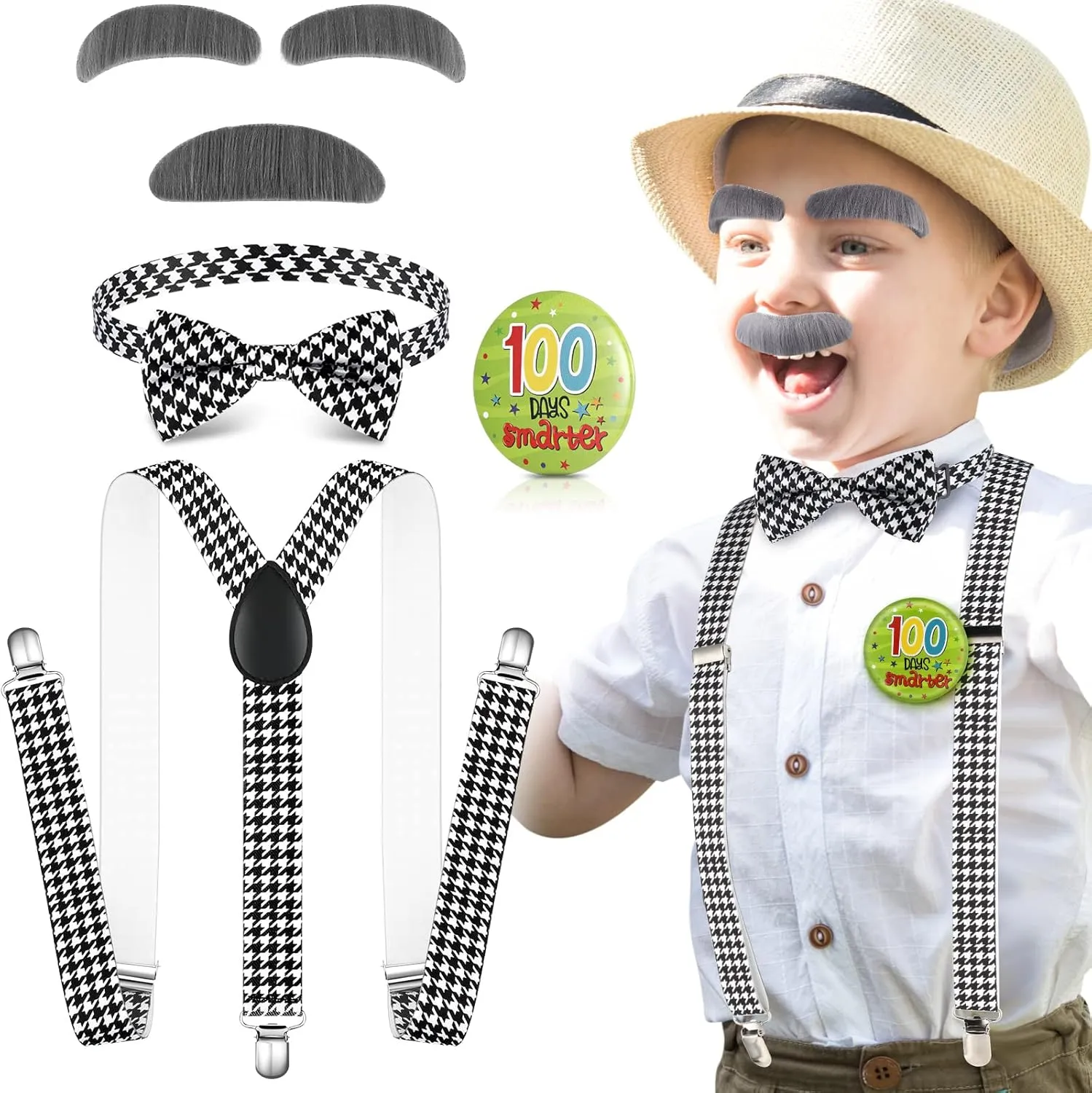 Foaincore 100th Days of School Costume Kids' Grandpa Costume Old Man Costume for Kids Y Back Suspender with Metal Clips and Bow Tie 100 Days Button Badge Old Man Moustache and Eyebrows Set