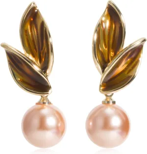 Four Colors Vintage Pearl Earrings, 18K Gold Plated Pearl Drop Earrings Dangle, Delicate Leaf Studs with Simulated Shell Pearls