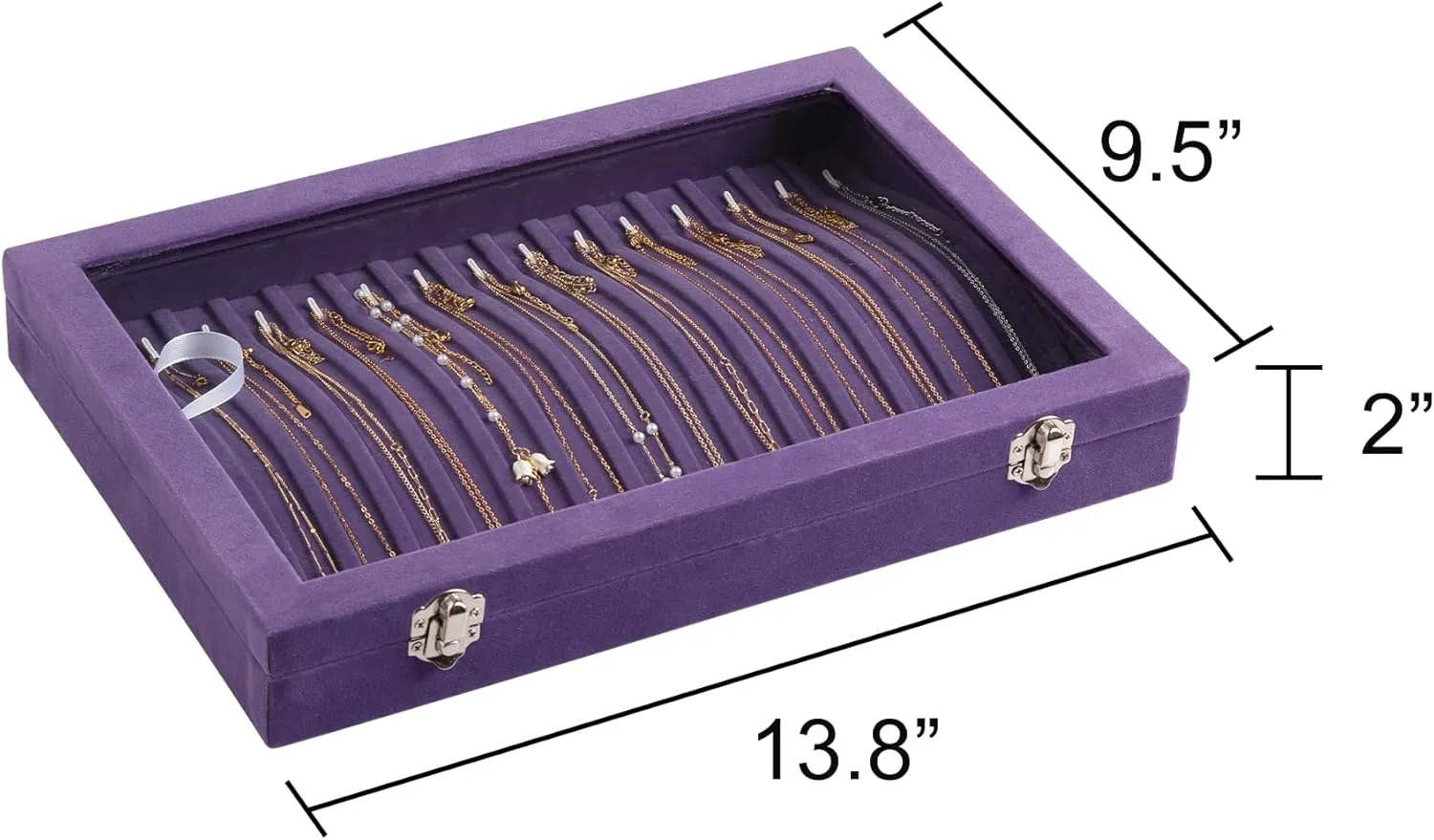 Frebeauty 15 Hooks Necklace Tray Velvet Neckalce Organizer with Clear Lid Lockable Necklace Holder Box Jewelry Organizer for Pendants Chains Necklace Jeweley Tray for Women (Purple)