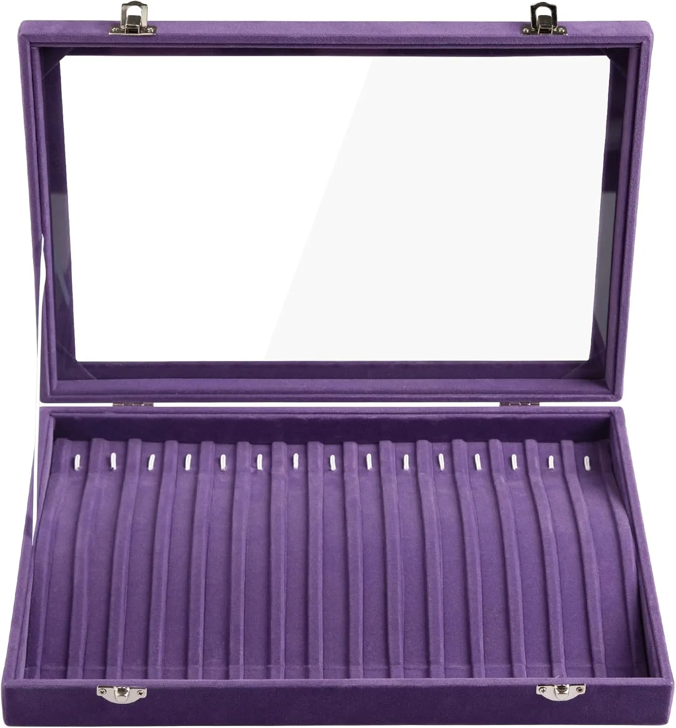 Frebeauty 15 Hooks Necklace Tray Velvet Neckalce Organizer with Clear Lid Lockable Necklace Holder Box Jewelry Organizer for Pendants Chains Necklace Jeweley Tray for Women (Purple)