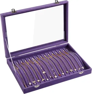 Frebeauty 15 Hooks Necklace Tray Velvet Neckalce Organizer with Clear Lid Lockable Necklace Holder Box Jewelry Organizer for Pendants Chains Necklace Jeweley Tray for Women (Purple)