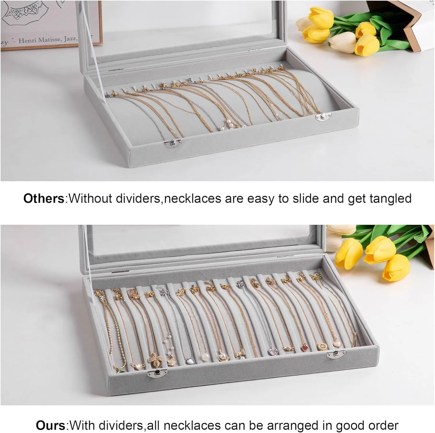Frebeauty 15 Hooks Necklace Tray Velvet Neckalce Organizer with Clear Lid Lockable Necklace Holder Box Jewelry Organizer for Pendants Chains Necklace Jeweley Tray for Women (Purple)