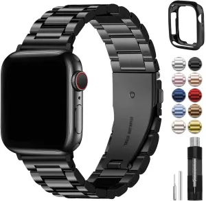 Fullmosa Compatible Apple Watch Bands 45mm 44mm 42mm 46mm 49mm 41mm 40mm 38mm, Metal iWatch Band with Case for Apple Watch Series 9 8 7 6 5 4 3 2 1 SE 10 Ultra, 42mm 44mm 45mm Black