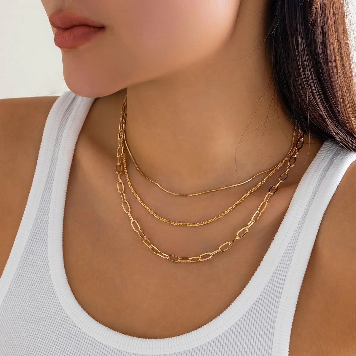 FUTIMELY 3Pcs Layered Paperclip Statement Necklace Set for Women,Dainty 14K Gold Thin Link Chain Choker Minimalist Clavicle Necklace Accessories Gifts