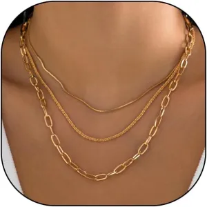 FUTIMELY 3Pcs Layered Paperclip Statement Necklace Set for Women,Dainty 14K Gold Thin Link Chain Choker Minimalist Clavicle Necklace Accessories Gifts