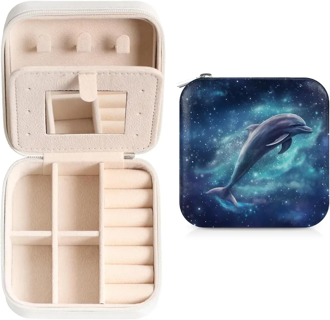 Galaxy Sky Dolphin Travel Jewelry Case Organizer, Jewelry Boxes with Mirror, PU Leather Jewelry Storage Holder for Rings Earrings Pendants Necklaces, Gifts for Girls Women