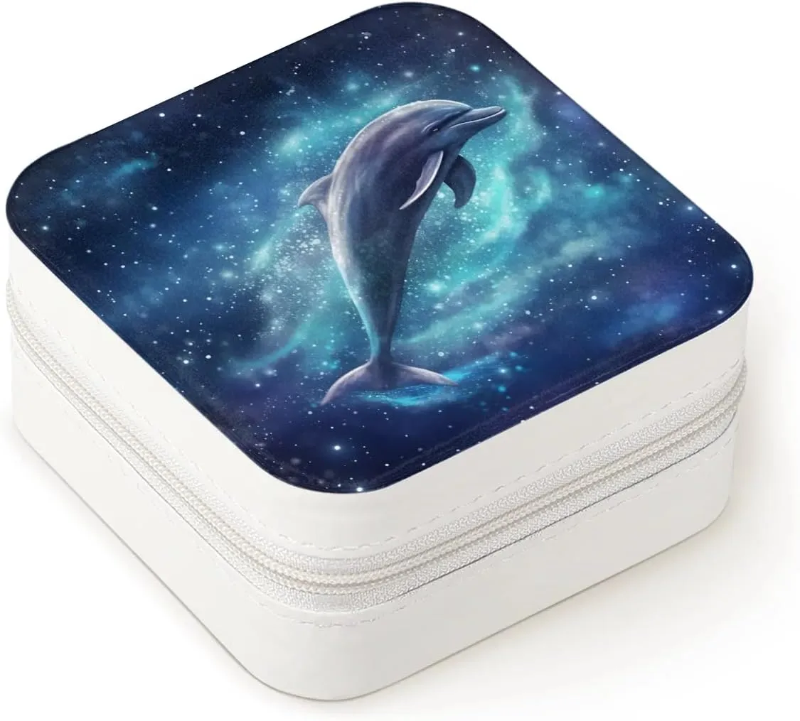 Galaxy Sky Dolphin Travel Jewelry Case Organizer, Jewelry Boxes with Mirror, PU Leather Jewelry Storage Holder for Rings Earrings Pendants Necklaces, Gifts for Girls Women