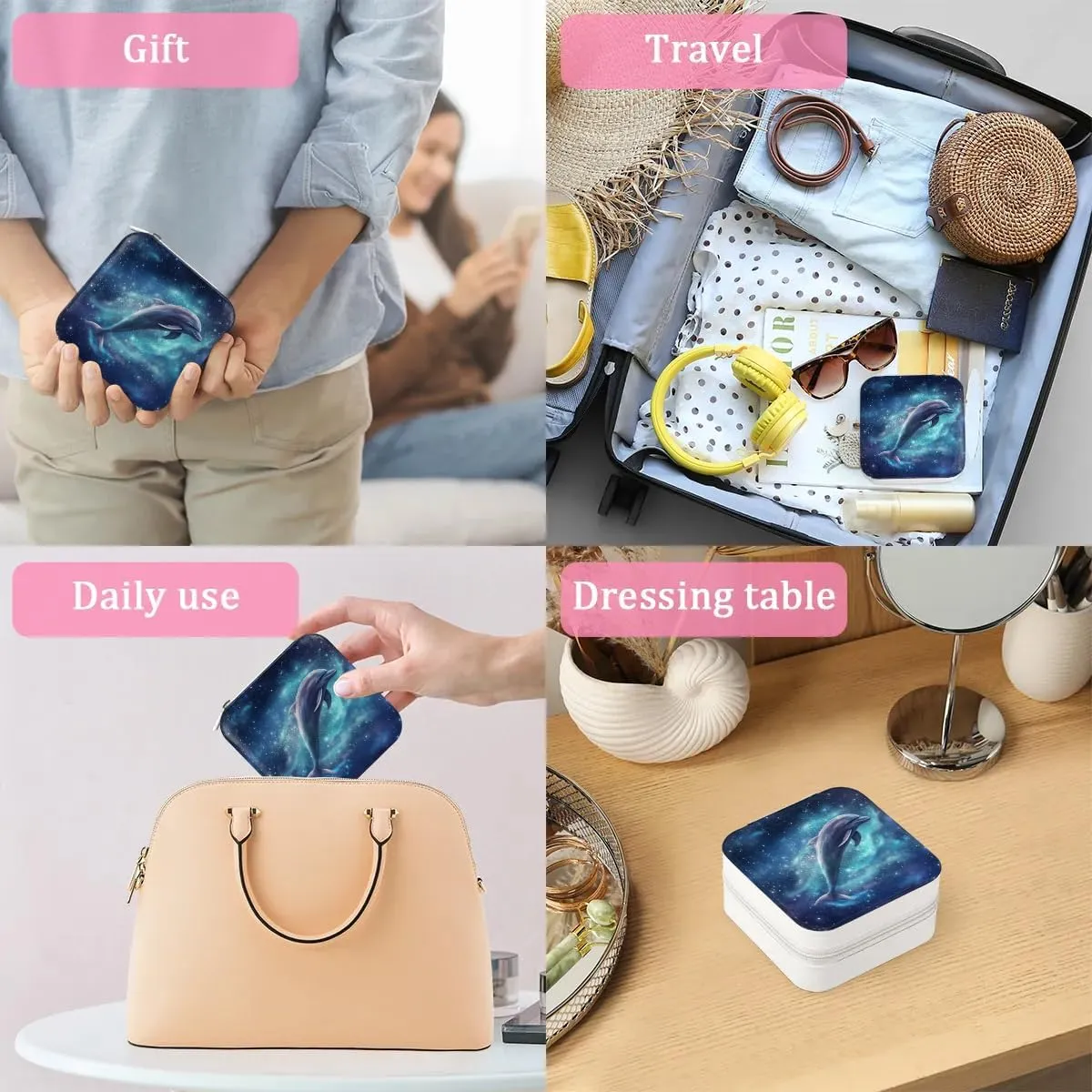 Galaxy Sky Dolphin Travel Jewelry Case Organizer, Jewelry Boxes with Mirror, PU Leather Jewelry Storage Holder for Rings Earrings Pendants Necklaces, Gifts for Girls Women