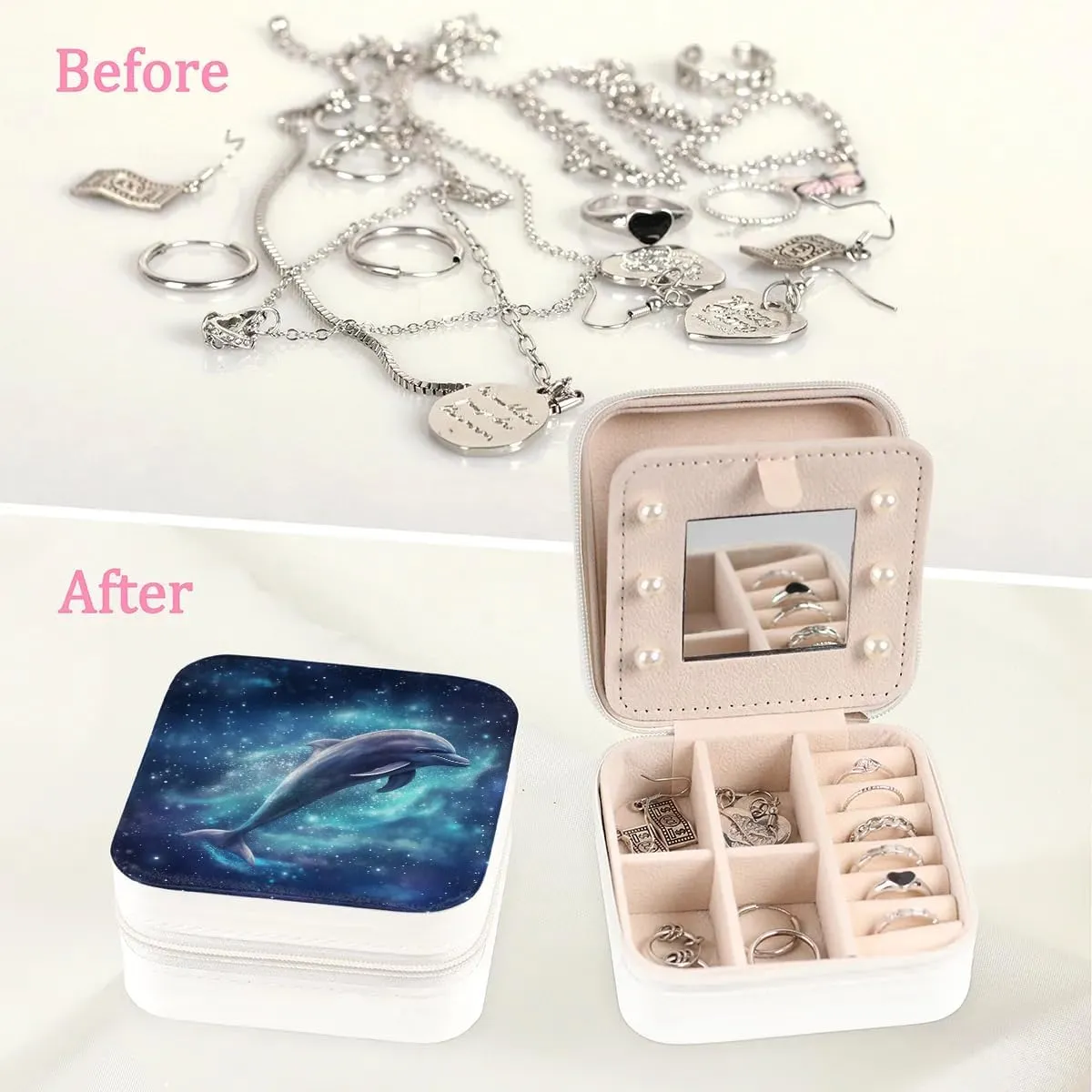 Galaxy Sky Dolphin Travel Jewelry Case Organizer, Jewelry Boxes with Mirror, PU Leather Jewelry Storage Holder for Rings Earrings Pendants Necklaces, Gifts for Girls Women