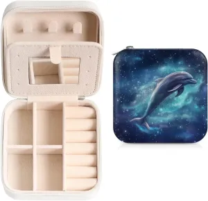 Galaxy Sky Dolphin Travel Jewelry Case Organizer, Jewelry Boxes with Mirror, PU Leather Jewelry Storage Holder for Rings Earrings Pendants Necklaces, Gifts for Girls Women