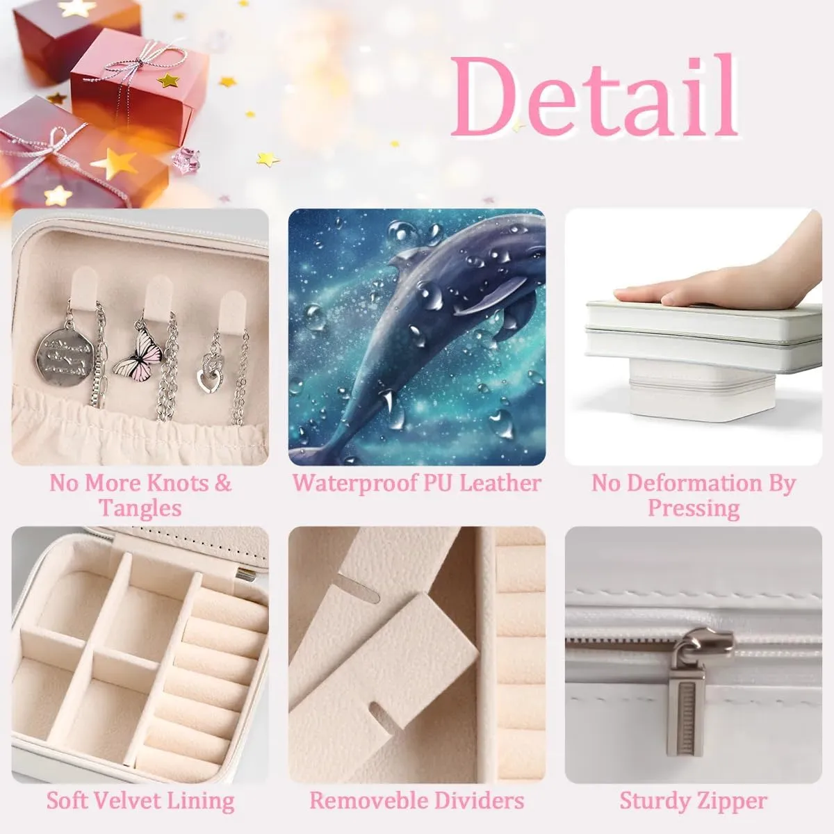 Galaxy Sky Dolphin Travel Jewelry Case Organizer, Jewelry Boxes with Mirror, PU Leather Jewelry Storage Holder for Rings Earrings Pendants Necklaces, Gifts for Girls Women