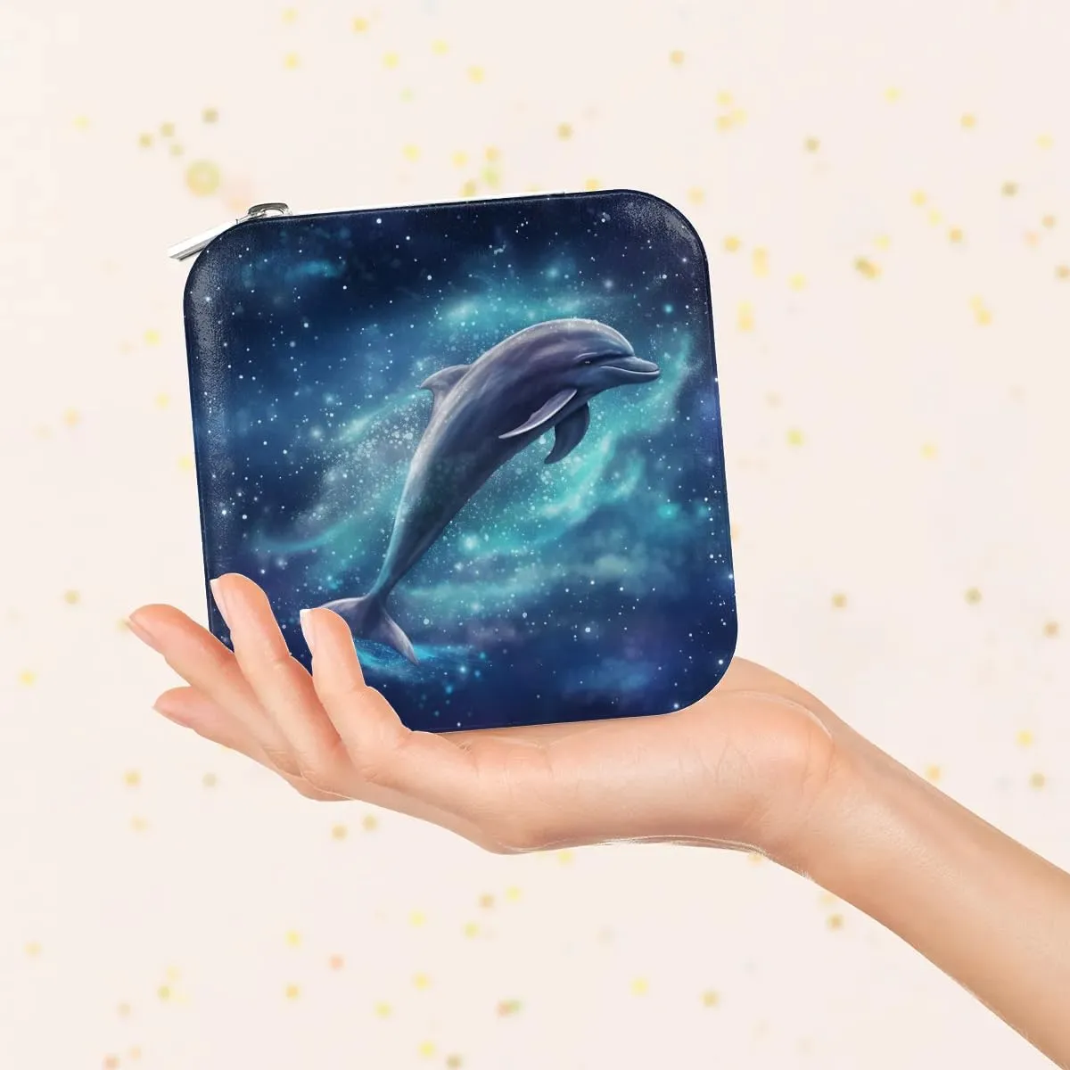 Galaxy Sky Dolphin Travel Jewelry Case Organizer, Jewelry Boxes with Mirror, PU Leather Jewelry Storage Holder for Rings Earrings Pendants Necklaces, Gifts for Girls Women