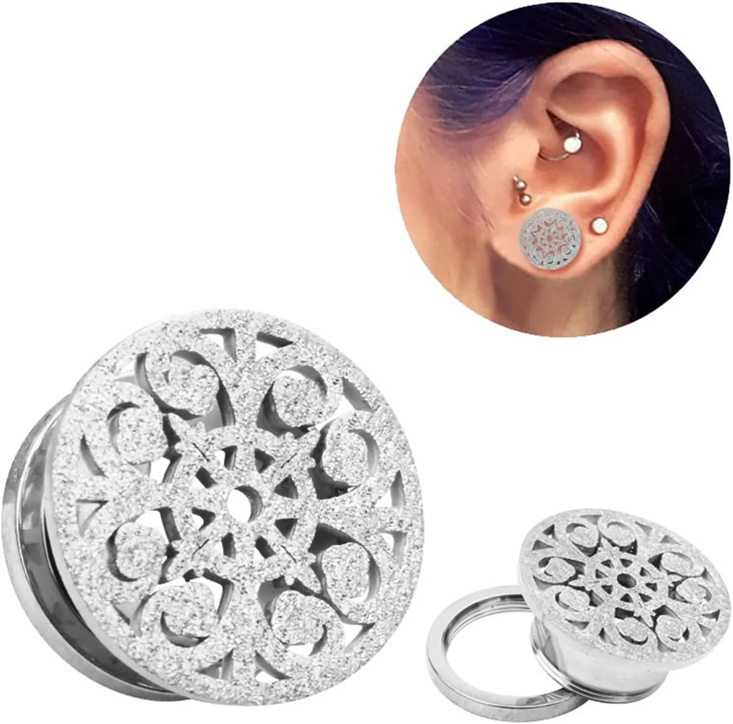 Gauges Tunnels, 2PCS Stainless Steel Tunnels Round with Matte Hollow Flower Gauge Plugs Body Piercings Jewelry