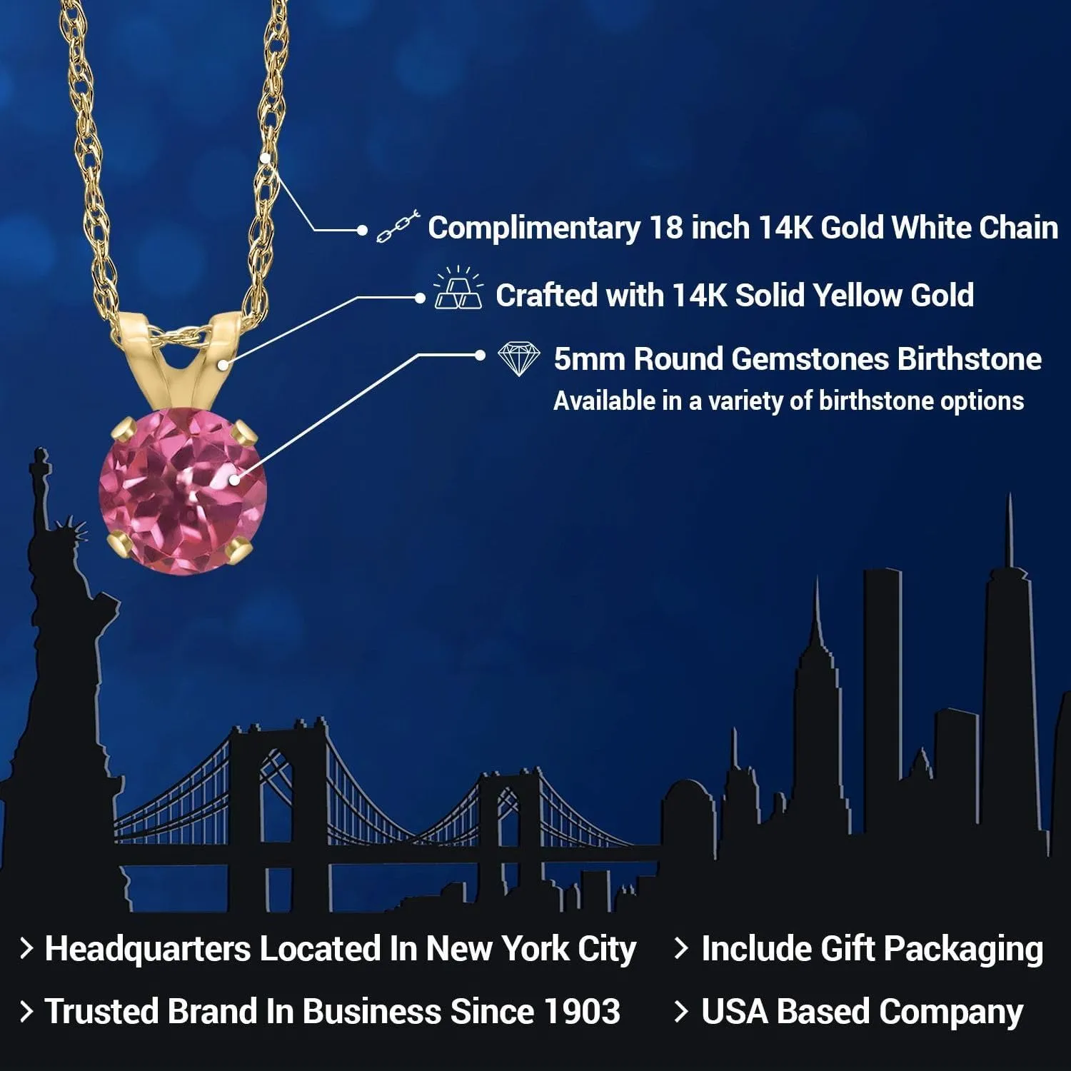 Gem Stone King 14K Yellow Gold Round 5MM Gemstone Birthstone Solitaire Pendant Necklace | Gold Necklace for Women | With 18 Inch 14K Yellow Gold Chain | Fine Jewelry Gifts for Her Mom Women Wife