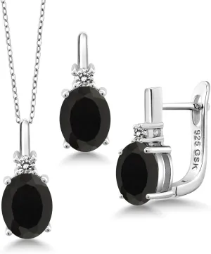 Gem Stone King 925 Sterling Silver Black Onyx and White Diamond Pendant and Earrings Jewelry Set For Women (4.96 Cttw, Oval 9X7MM, Gemstone Birthstone, With 18 Inch Chain)
