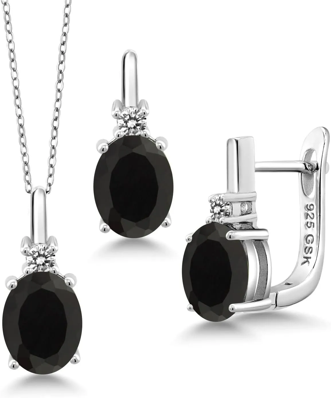 Gem Stone King 925 Sterling Silver Black Onyx and White Diamond Pendant and Earrings Jewelry Set For Women (4.96 Cttw, Oval 9X7MM, Gemstone Birthstone, With 18 Inch Chain)