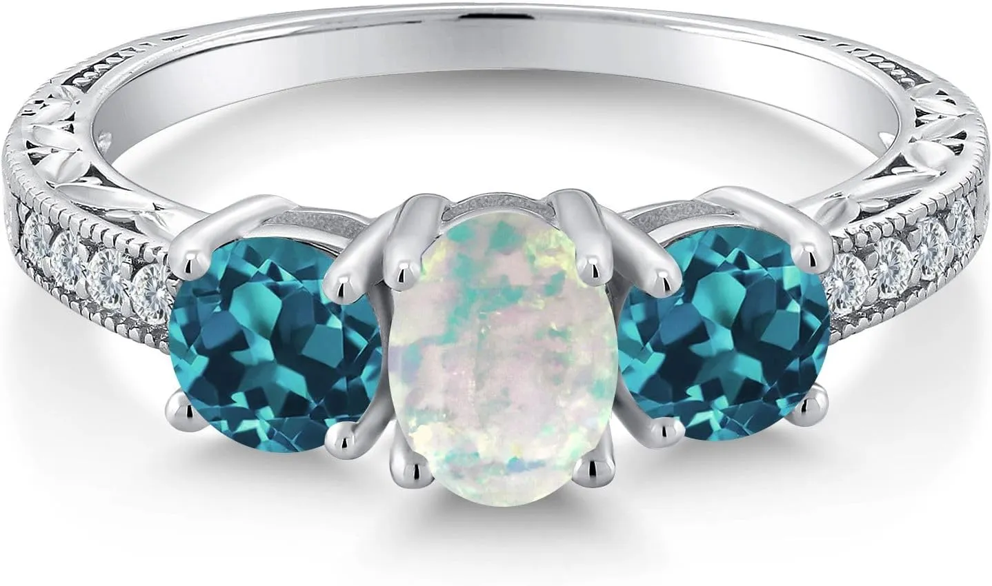 Gem Stone King 925 Sterling Silver Oval Cabochon White Simulated Opal and London Blue Topaz Ring For Women (1.75 Cttw, Gemstone Birthstone, Available In Size 5, 6, 7, 8, 9)