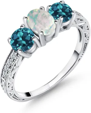 Gem Stone King 925 Sterling Silver Oval Cabochon White Simulated Opal and London Blue Topaz Ring For Women (1.75 Cttw, Gemstone Birthstone, Available In Size 5, 6, 7, 8, 9)