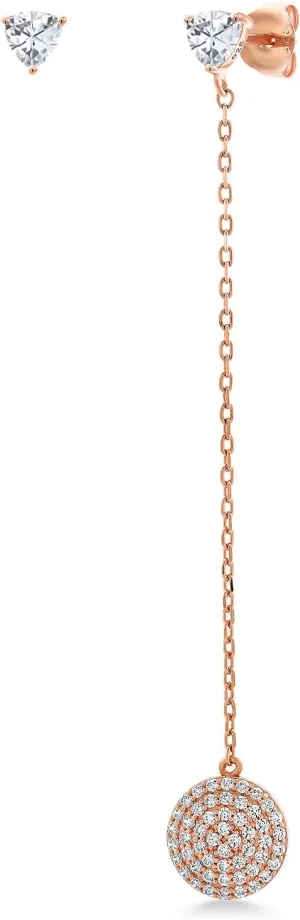Gem Stone King Asymmetrical Customized and Personalized Trillion Cut 4MM Gemstone Birthstone Drop Chain Stud Earrings for Women in 18K Rose Gold Plated Silver Mismatched Dangle Stud Earrings