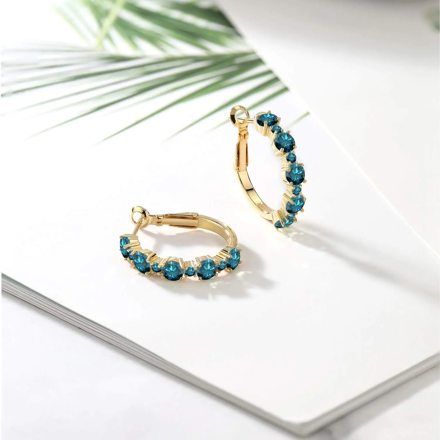 Gem Stone King Gemstone Birthstone Hoop Earrings for Women in 18K Yellow Gold Plated Silver| Alternating Round 4MM and 1.9MM Stones | Graduated Design | Fine Jewelry Earrings | 1 Inch Diameter Hoops