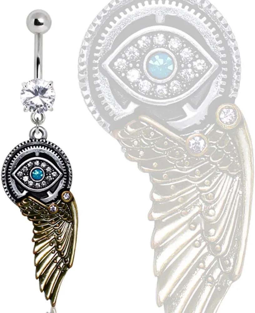 Gemmed Steampunk All Seeing Eye Navel Ring with Mechanical Wing Dangle 316L