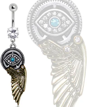 Gemmed Steampunk All Seeing Eye Navel Ring with Mechanical Wing Dangle 316L