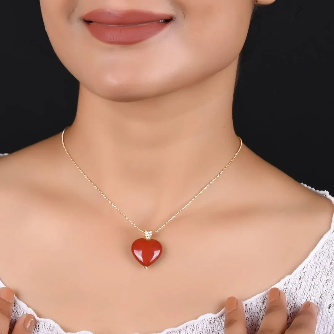 Gempires Red Jasper Heart Pendant Necklace, Crystal Heart Necklace, Healing Energy, Party Wear, Gemstone Jewelry, Hypoallergenic 14k Gold Plated 18-inch Adjustable Chain