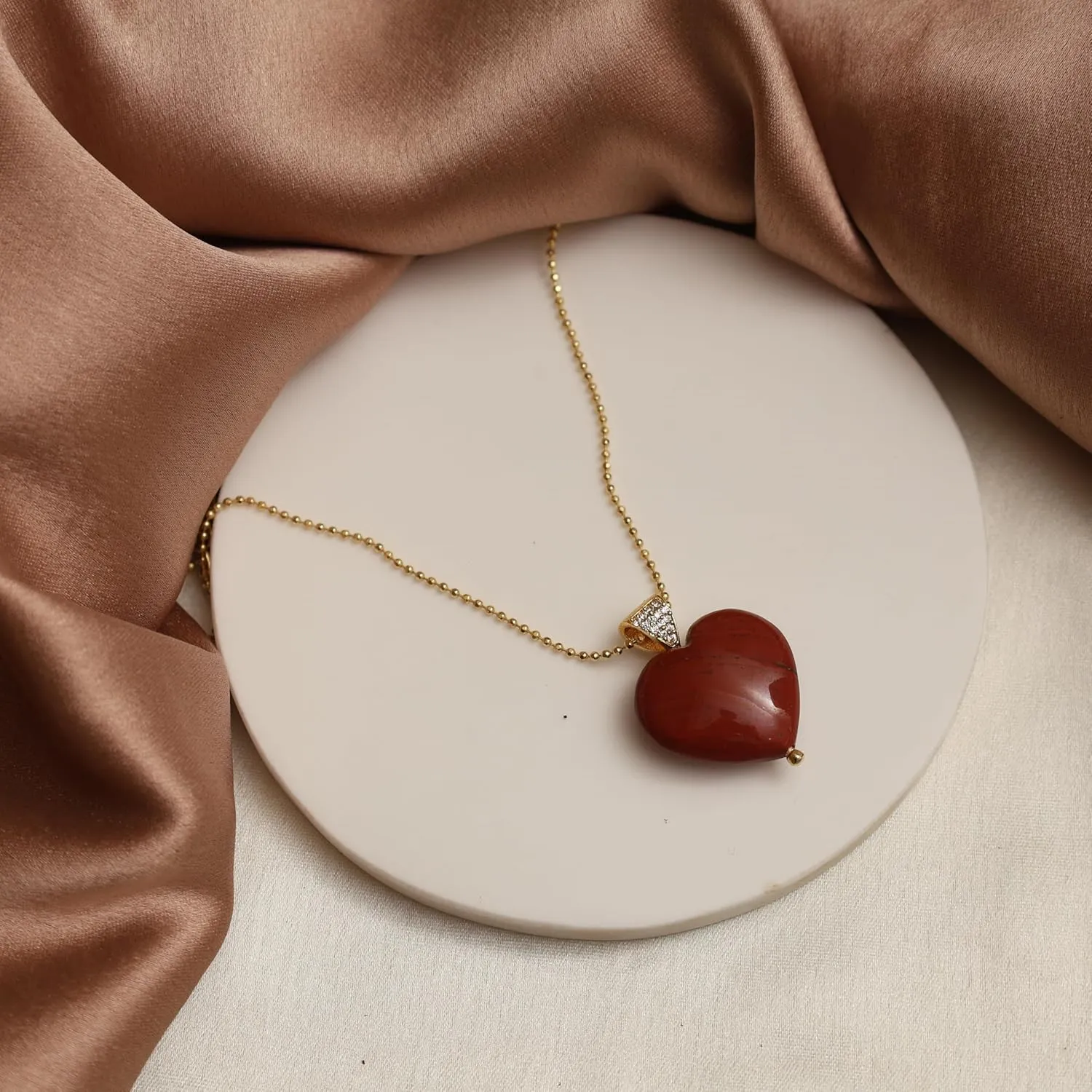 Gempires Red Jasper Heart Pendant Necklace, Crystal Heart Necklace, Healing Energy, Party Wear, Gemstone Jewelry, Hypoallergenic 14k Gold Plated 18-inch Adjustable Chain
