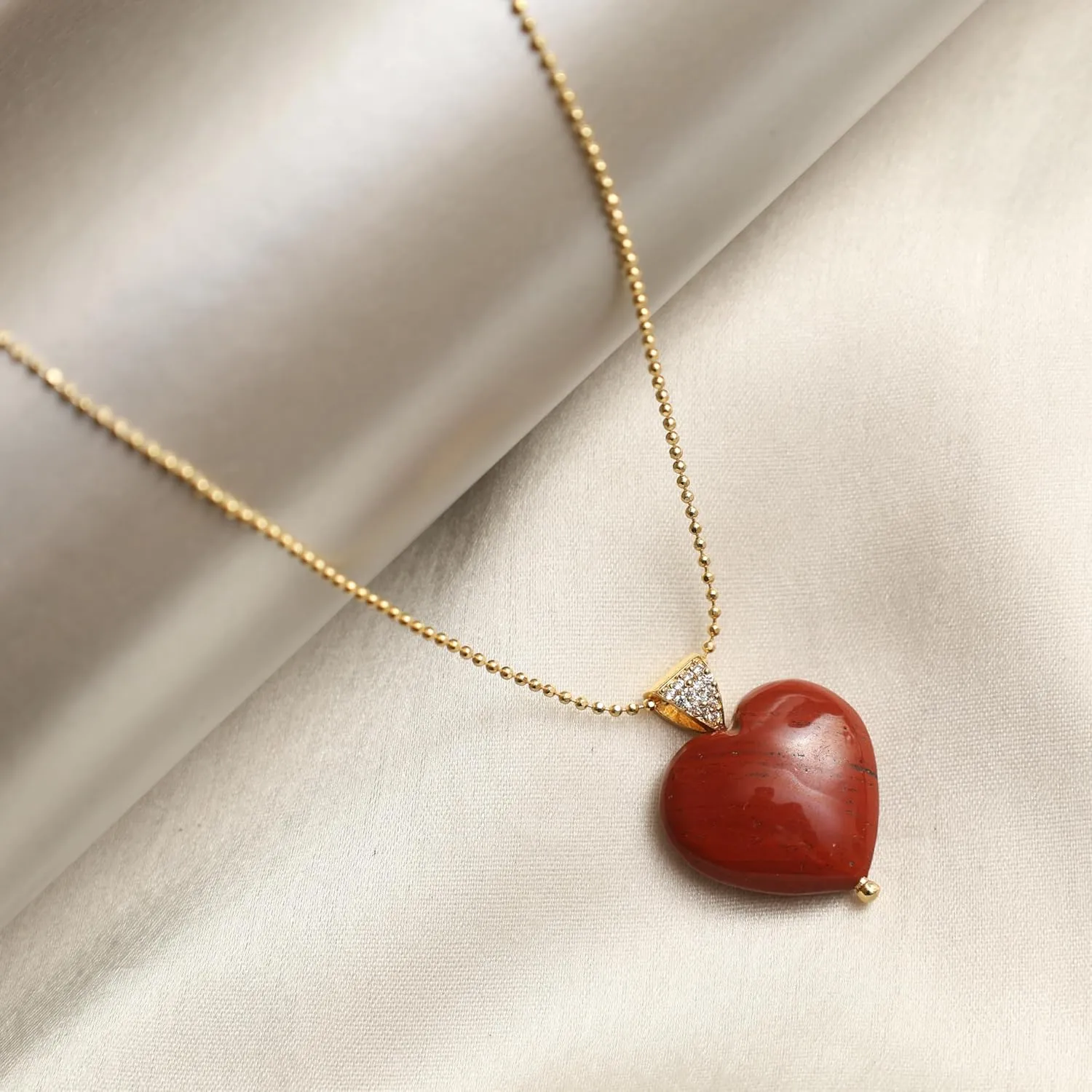 Gempires Red Jasper Heart Pendant Necklace, Crystal Heart Necklace, Healing Energy, Party Wear, Gemstone Jewelry, Hypoallergenic 14k Gold Plated 18-inch Adjustable Chain