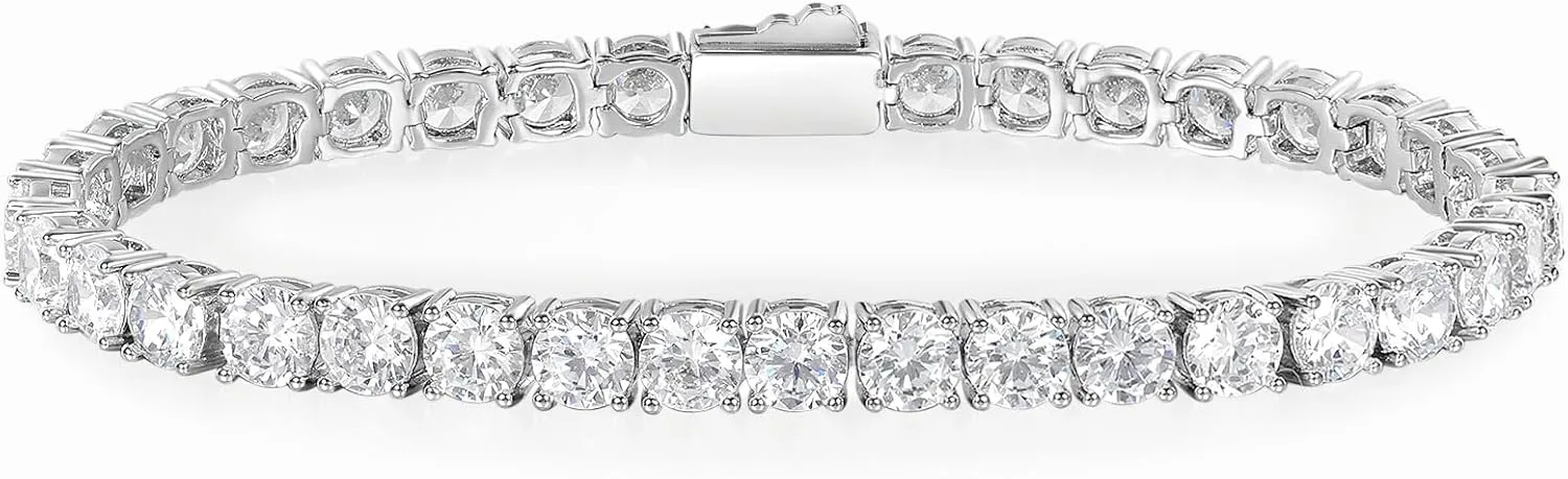 Gemsme 3/4/5mm Tennis Bracelet, 18k White Gold Plated 3MM/4MM/5MM Iced Out Round Cubic Zirconia Tennis Bracelet for Women Men 6.5/7/7.5 Inches