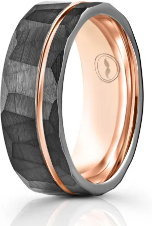 Gentlemen's Bands Men's Tungsten Carbide Wedding Band - Premium Grade Hammered Brushed Tungsten Wedding Ring for Men - Includes Silicon Band, Leather Drawstring Pouch, and Luxury Walnut Box