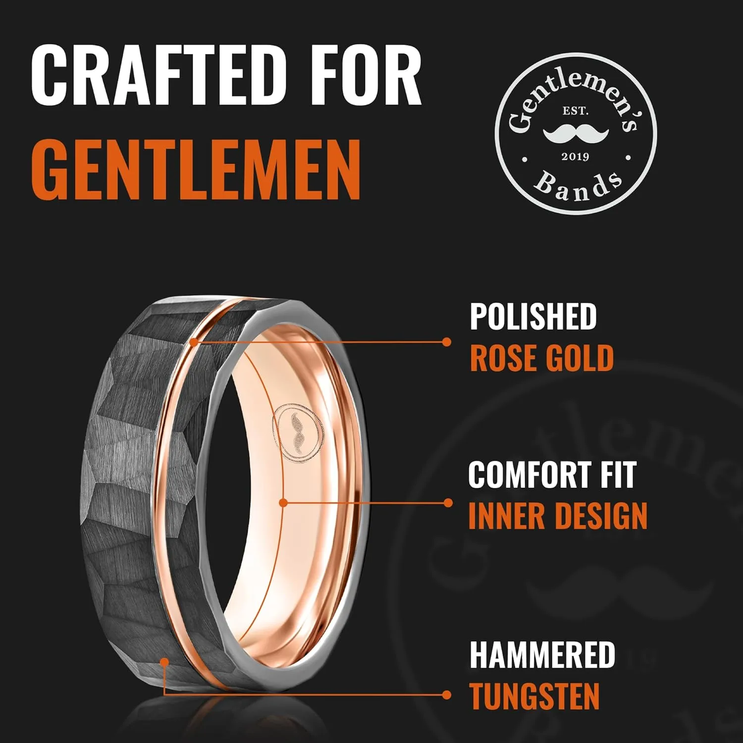 Gentlemen's Bands Men's Tungsten Carbide Wedding Band - Premium Grade Hammered Brushed Tungsten Wedding Ring for Men - Includes Silicon Band, Leather Drawstring Pouch, and Luxury Walnut Box