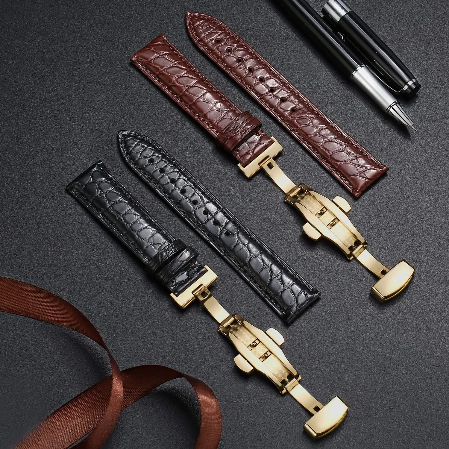 Genuine Leather Band Alligator and Cowhide Replacement Deployment Buckle Watch strap18mm to 24mm Crocodile Leather Strap for Men's and Women's