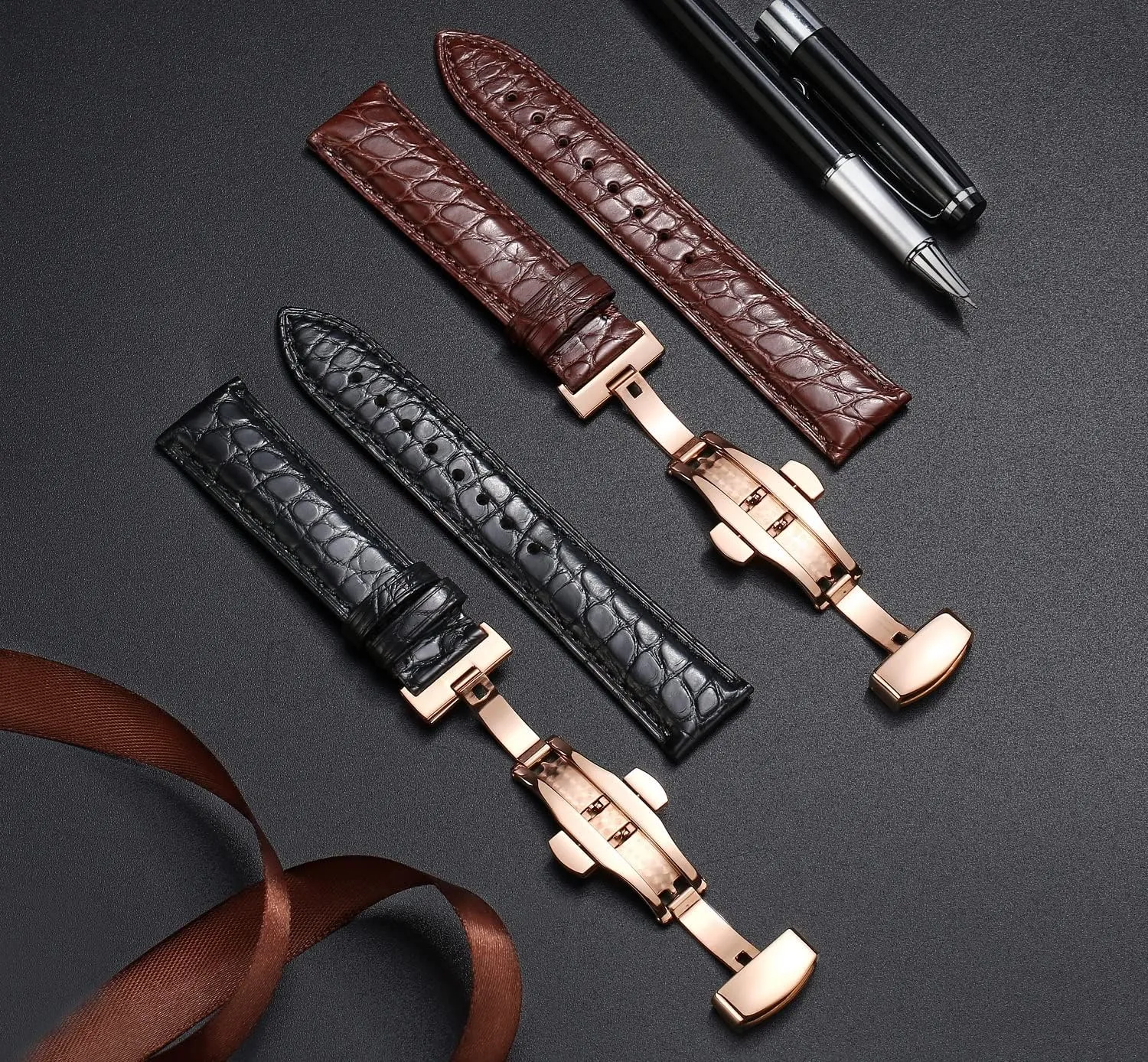 Genuine Leather Band Alligator and Cowhide Replacement Deployment Buckle Watch strap18mm to 24mm Crocodile Leather Strap for Men's and Women's