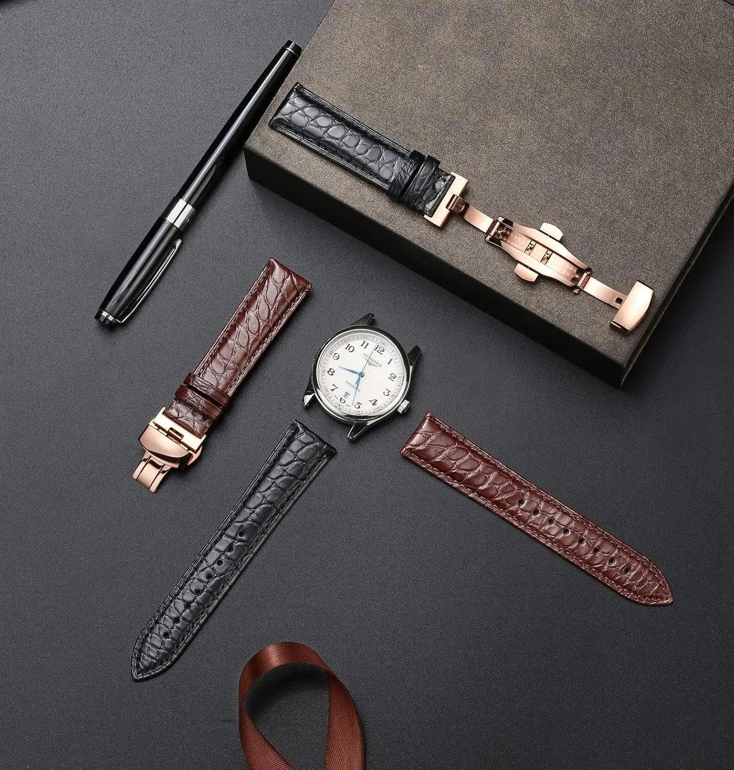 Genuine Leather Band Alligator and Cowhide Replacement Deployment Buckle Watch strap18mm to 24mm Crocodile Leather Strap for Men's and Women's