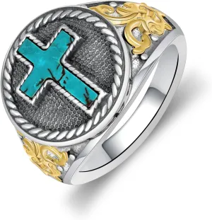 Genuine Turquoise Ring for Men 925 Sterling Silver Mens Turquoise Ring Vintage Western Cross Turquoise Jewelry for Men