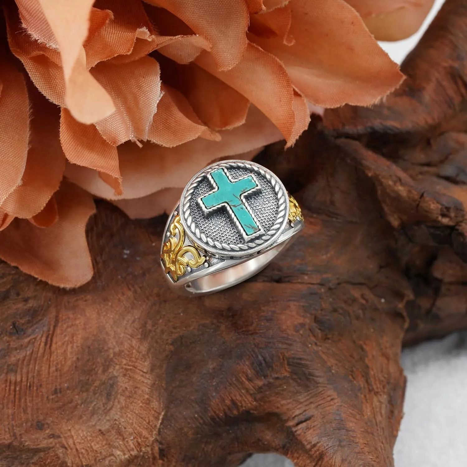 Genuine Turquoise Ring for Men 925 Sterling Silver Mens Turquoise Ring Vintage Western Cross Turquoise Jewelry for Men