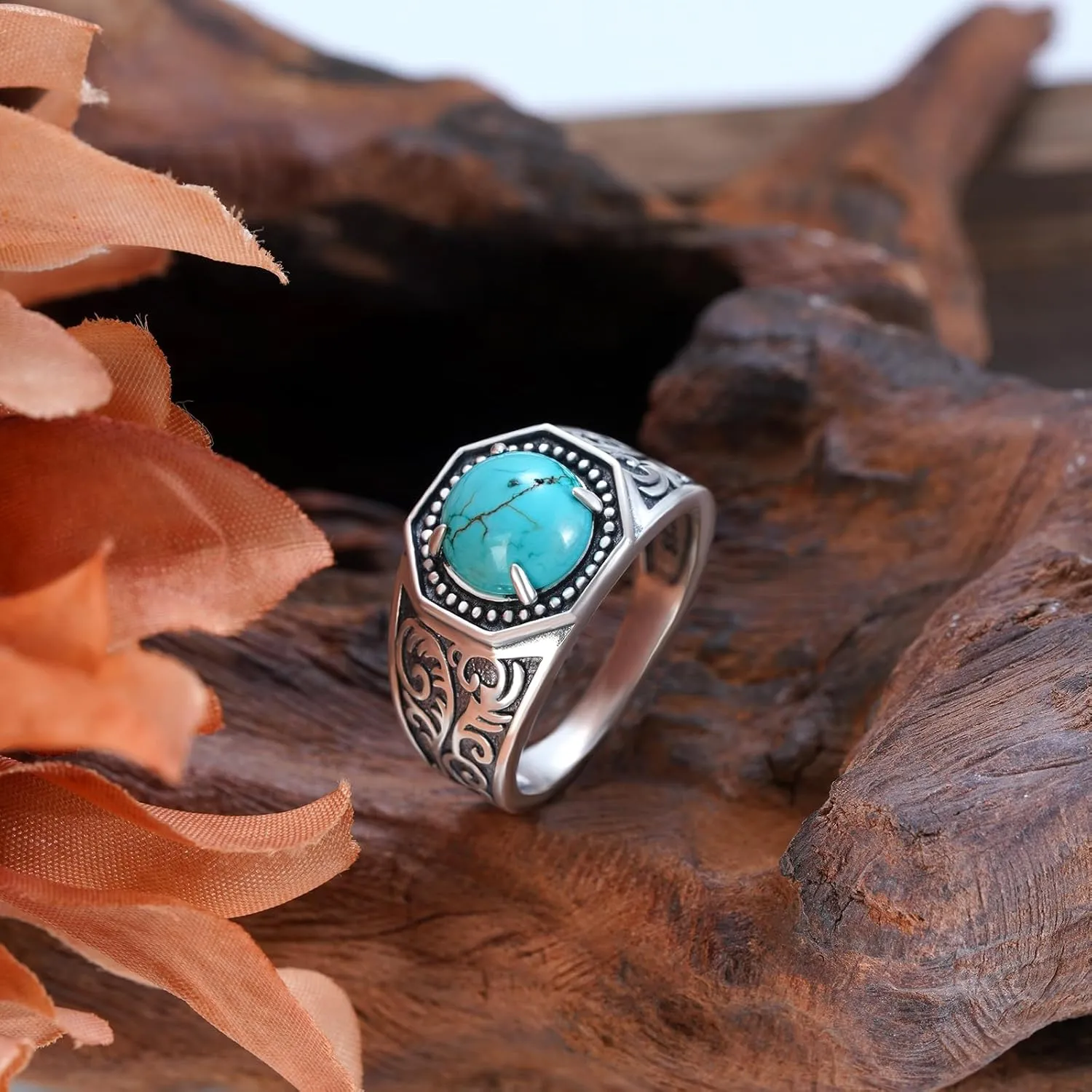 Genuine Turquoise Ring for Men - 925 Sterling Silver Vintage Western Nature Gemstone Jewelry