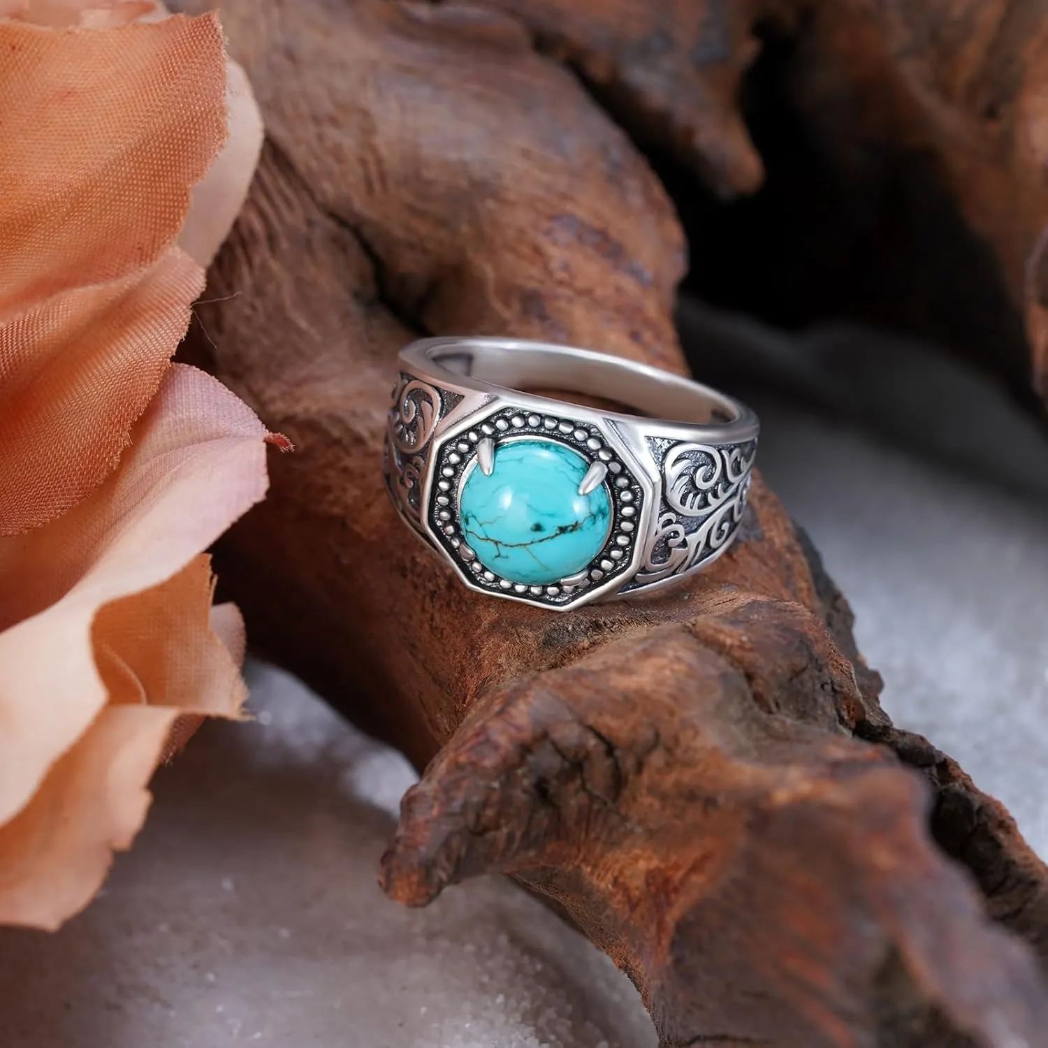 Genuine Turquoise Ring for Men - 925 Sterling Silver Vintage Western Nature Gemstone Jewelry