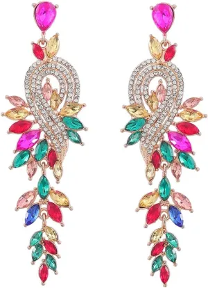 Geometric Crystal Flower Dangle Statement Earrings Cubic Zirconia Colorful Rhinestone Chandelier Drop Large Studs Earring Fashion Jewelry Gifts for Women Girls Bridal Wedding