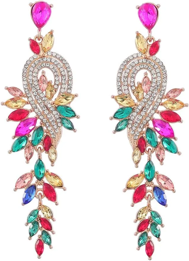 Geometric Crystal Flower Dangle Statement Earrings Cubic Zirconia Colorful Rhinestone Chandelier Drop Large Studs Earring Fashion Jewelry Gifts for Women Girls Bridal Wedding