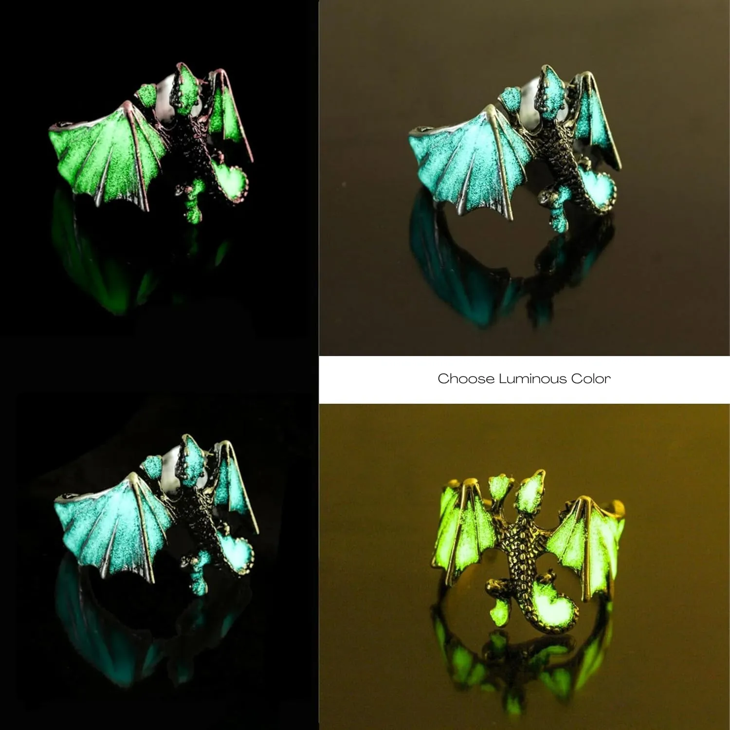Glow-in-the-Dark Dragon Ring | Adjustable Gothic Fantasy Jewelry | Medieval, Mythical, Punk, Luminous Creature Design | Vintage, Boho, Cosplay Gift, Evil, Demon, Devil