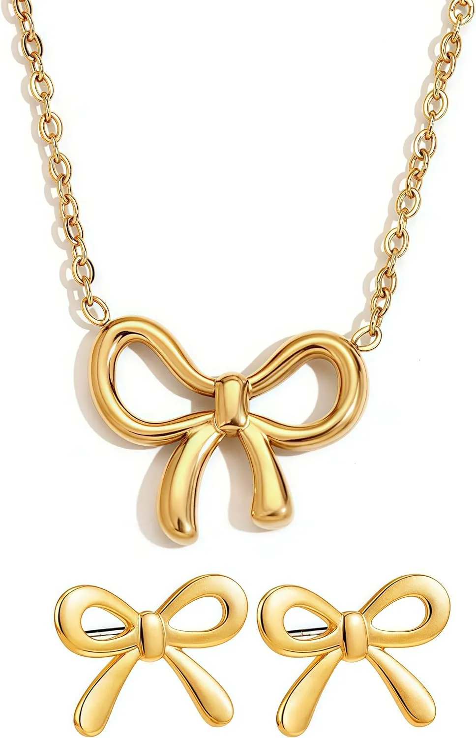 Gold Bow Necklace & Earrings Set - Dainty Stud Earrings & Pendant Necklace - Fashion Gold Jewelry Set Gifts