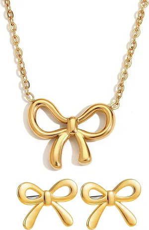 Gold Bow Necklace & Earrings Set - Dainty Stud Earrings & Pendant Necklace - Fashion Gold Jewelry Set Gifts