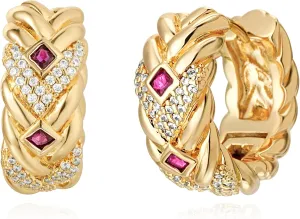 Gold Braided Hoop Earrings for Women 14K Gold Plated Cubic Zirconia Huggie Hoop Multi-Colored Dainty Trendy Hypoallergenic Jewelry Gifts