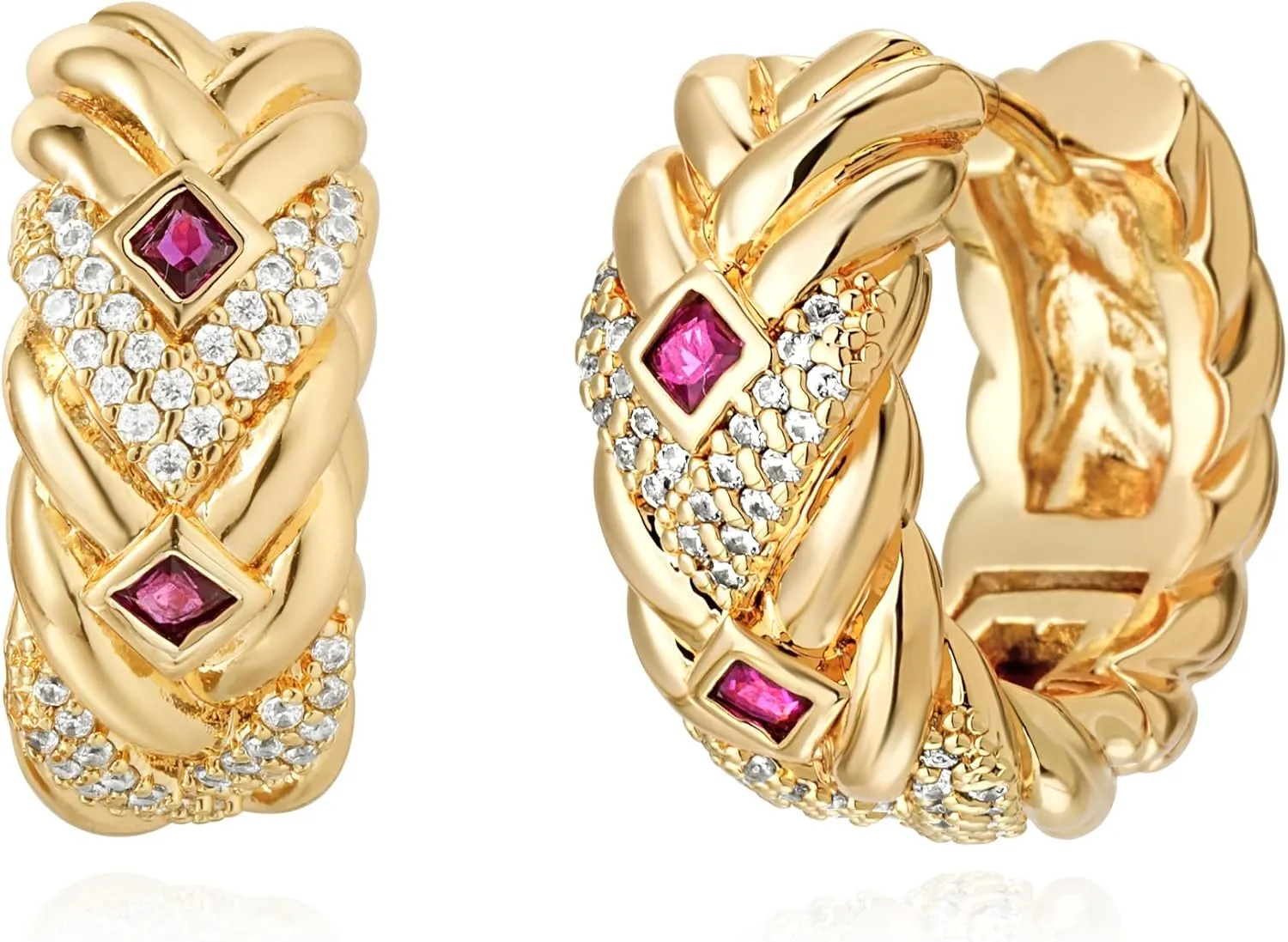 Gold Braided Hoop Earrings for Women 14K Gold Plated Cubic Zirconia Huggie Hoop Multi-Colored Dainty Trendy Hypoallergenic Jewelry Gifts