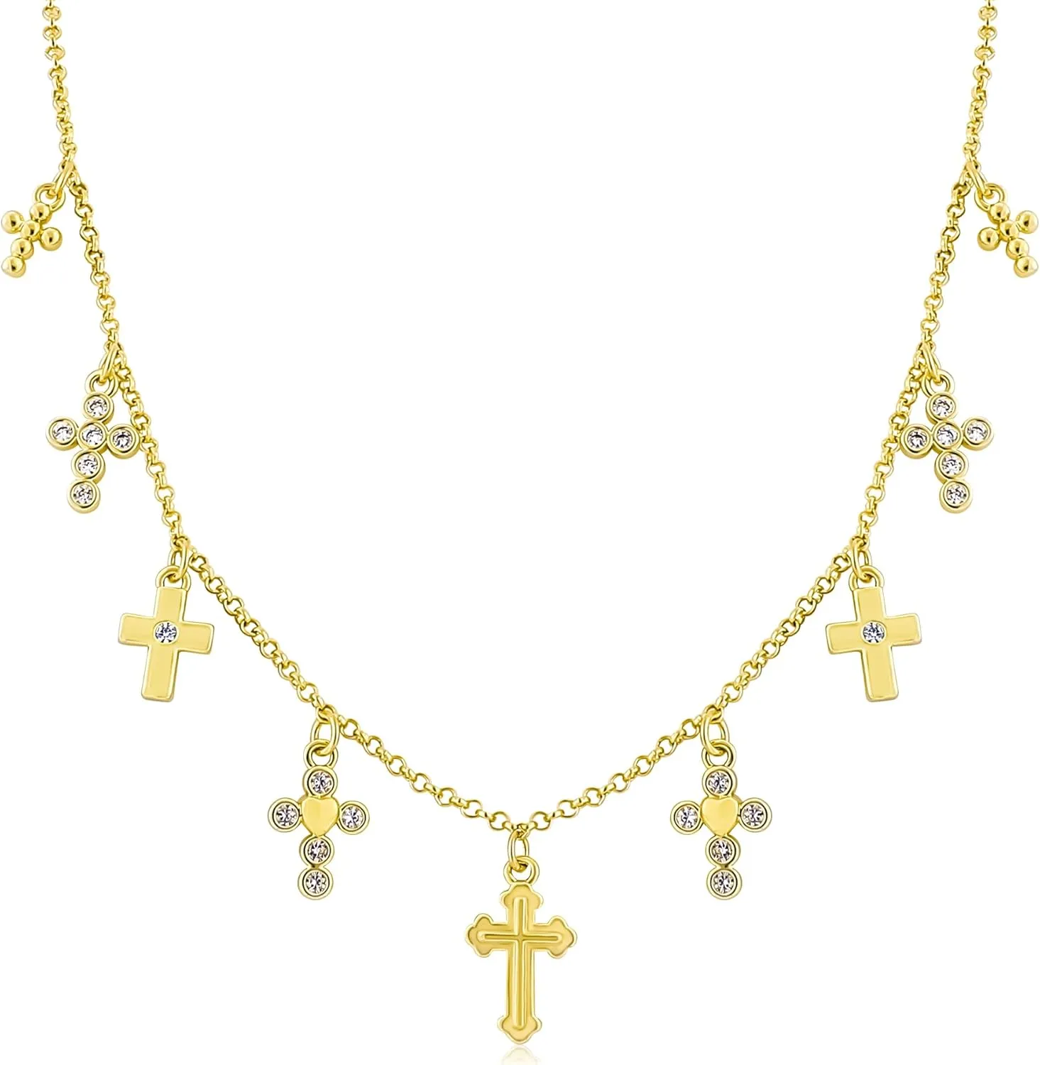 Gold Cross Charm Necklace for Women 14K Gold Plated Vintage Dainty Cross Pendant Necklace with Cubic Zirconia Multiple Cross Charm Necklace Adjustable Trendy Party Religion Jewelry Gift for Women