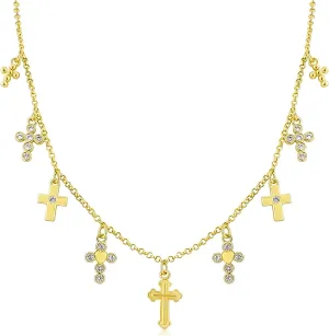 Gold Cross Charm Necklace for Women 14K Gold Plated Vintage Dainty Cross Pendant Necklace with Cubic Zirconia Multiple Cross Charm Necklace Adjustable Trendy Party Religion Jewelry Gift for Women